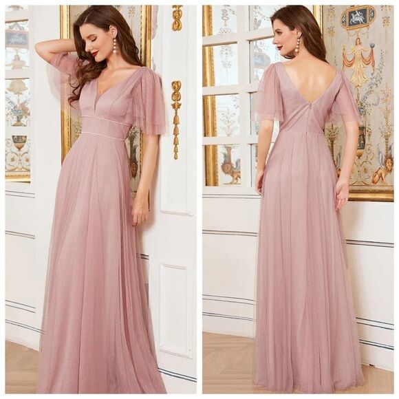 NWT A-Line Deep V-Neck Ruffles Lace Pink Formal Party Gown - Picture 1 of 13